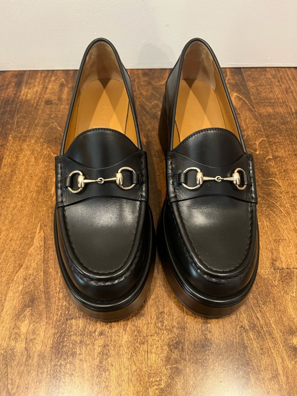 NEW Gucci Horsebit Leather Wedge Loafers in Black, Size 38.5